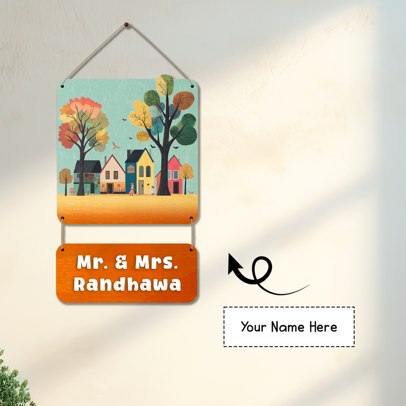 Custom Family Nameplate with Colourful Homes & Trees