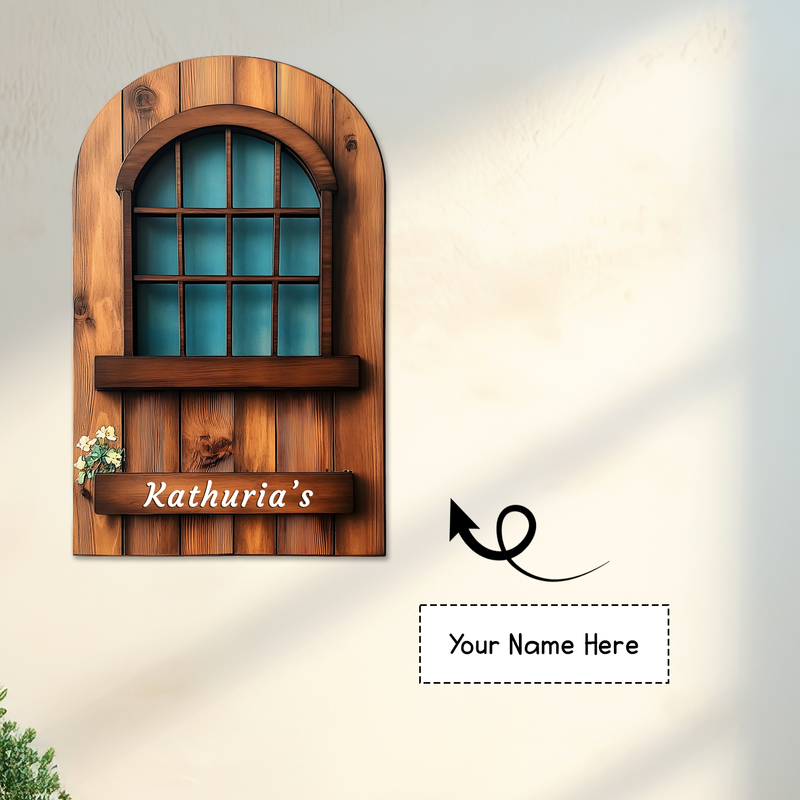 Rustic Wooden Window Nameplate – Customizable Design
