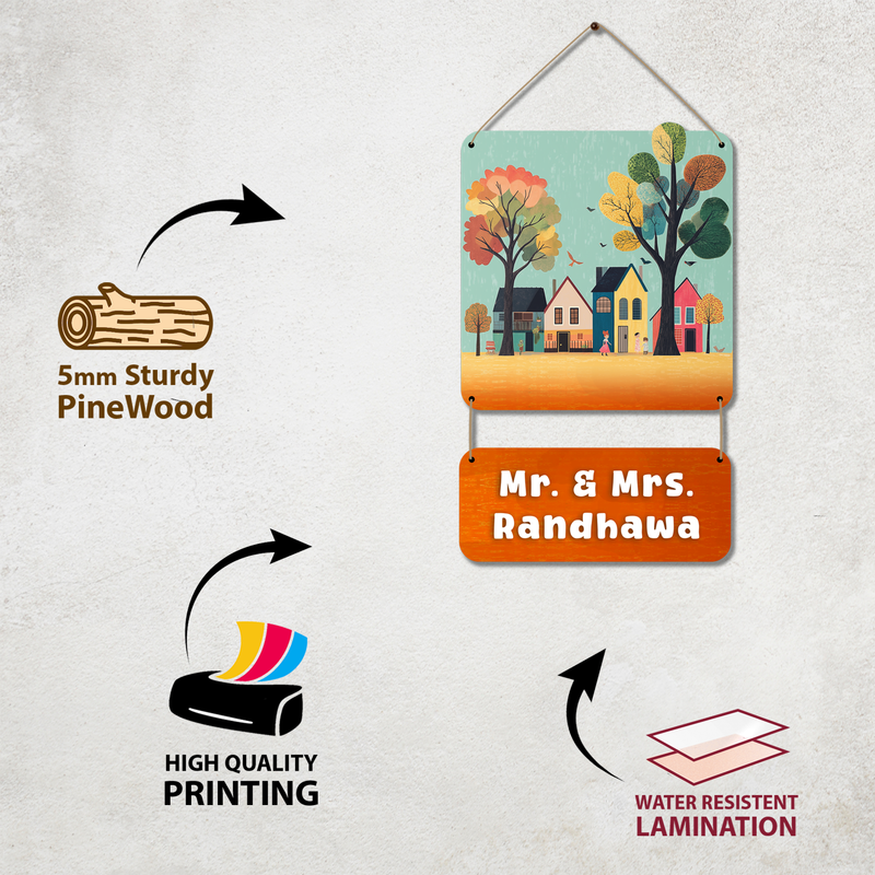 Custom Family Nameplate with Colourful Homes & Trees