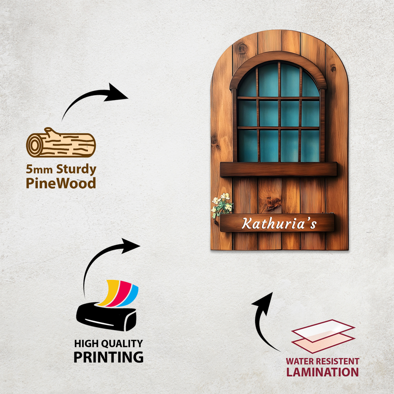 Rustic Wooden Window Nameplate – Customizable Design