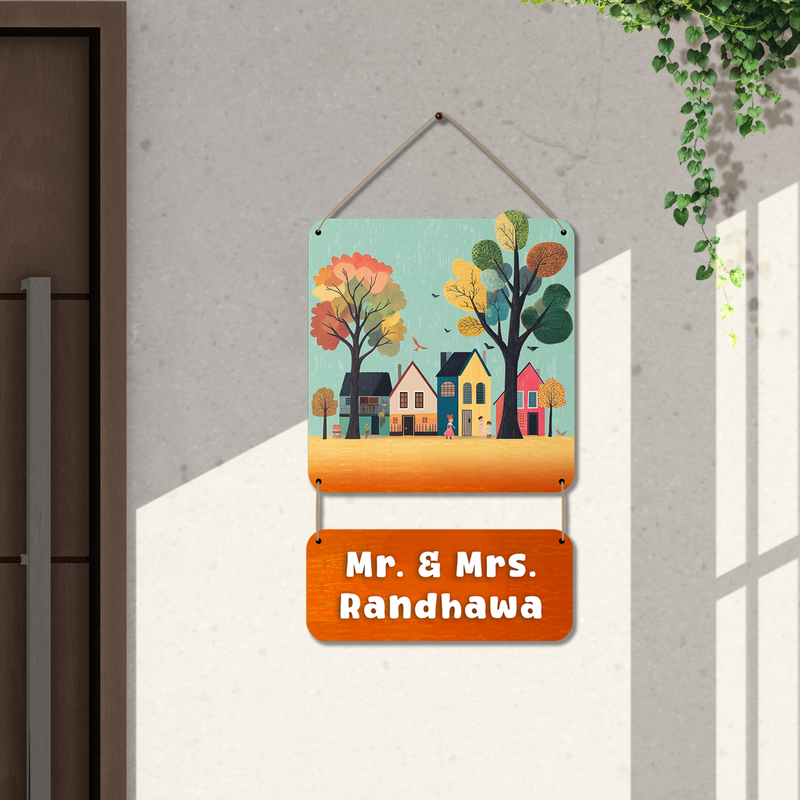 Custom Family Nameplate with Colourful Homes & Trees
