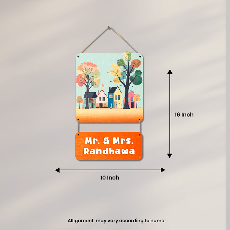 Custom Family Nameplate with Colourful Homes & Trees